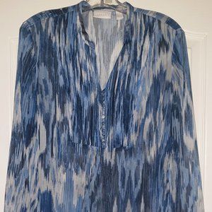 CHICOS Sheer Blouse 1 Blues/White Split Neck Long Sleeves Side Vents